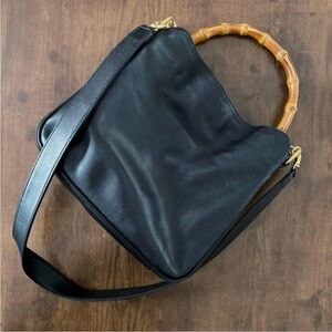 Gucci Black Leather Shoulder Bag with Bamboo Handle